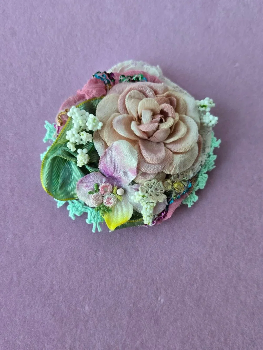 Handmade Blush Pink Velvet Rose and Lace Posey Hair Clip • Cottage Balletcore